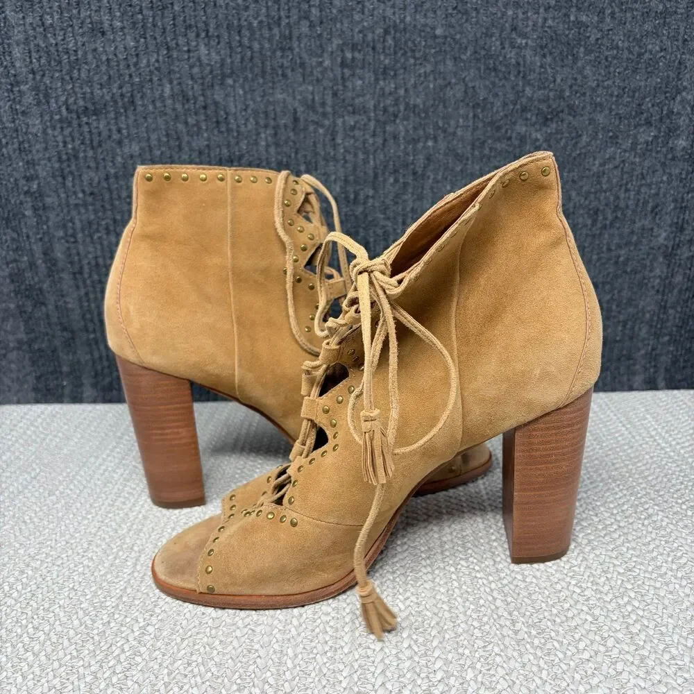 Frye Gabby Ghillie Studded Shooties Brown Suede Heeled Boots Lace Peep Toe 10